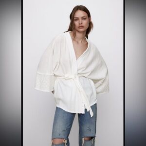 Zara belted short kimono Elegant light Cream boho Robe lounge/beach M/L NWT